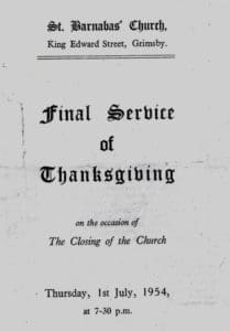 Final Service sheet for St Barnabas Church in Grimsby, Thursday 1st July 1954