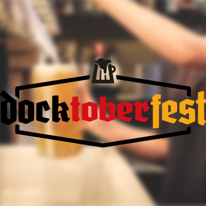 DOCKTOBER COVER image of docktoberfest logo ontop of a photograph of a pint of beer being poured